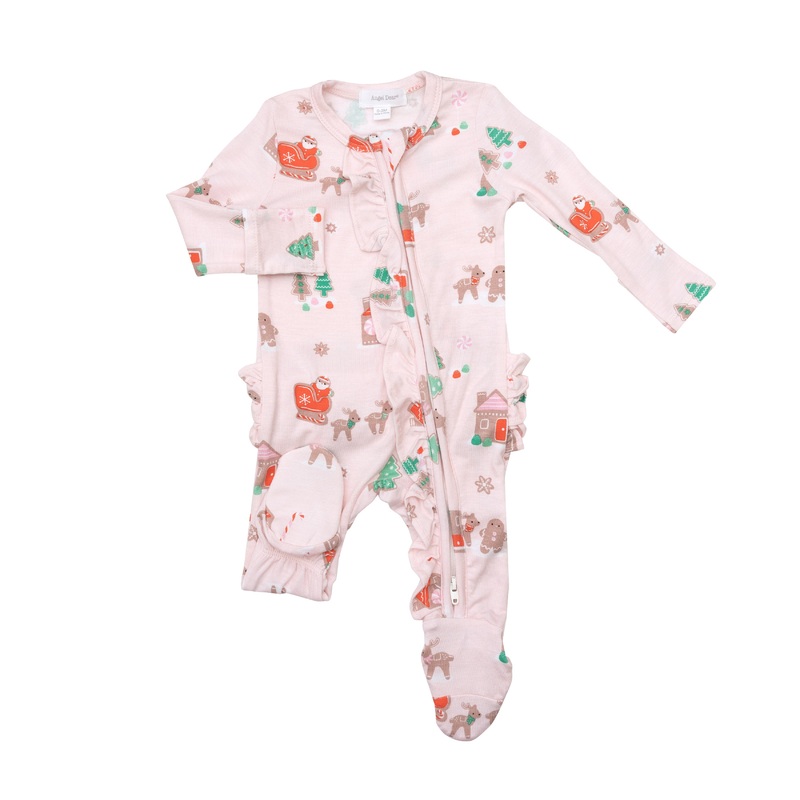 Bamboo Ruffle Zipper Footie – Gingerbread Sleigh Pink