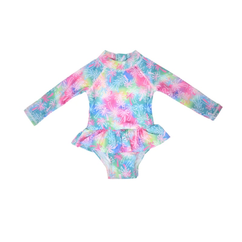 FLAP HAPPY UPF 50+ ALISSA INFANT RASH GUARD SWIMSUIT PINK TROPICAL PALMS