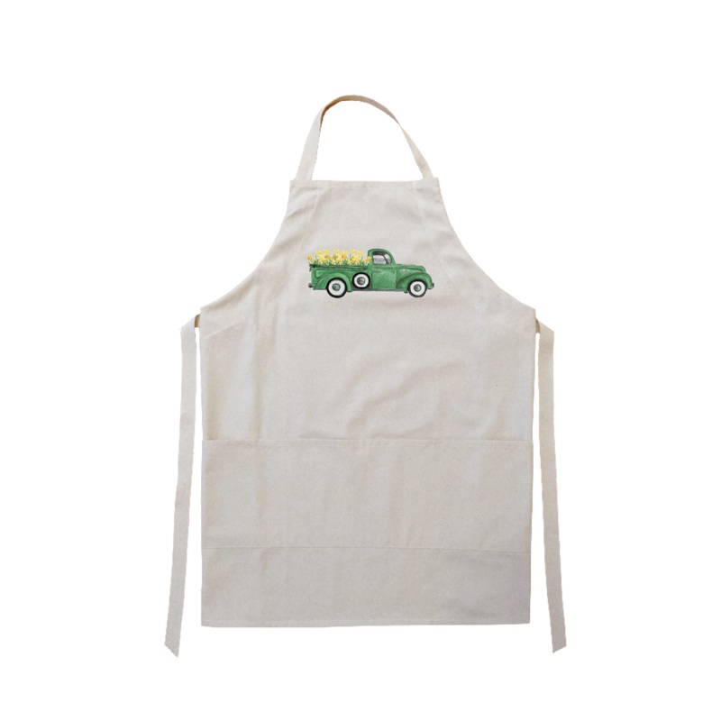 green truck with daffodils apron