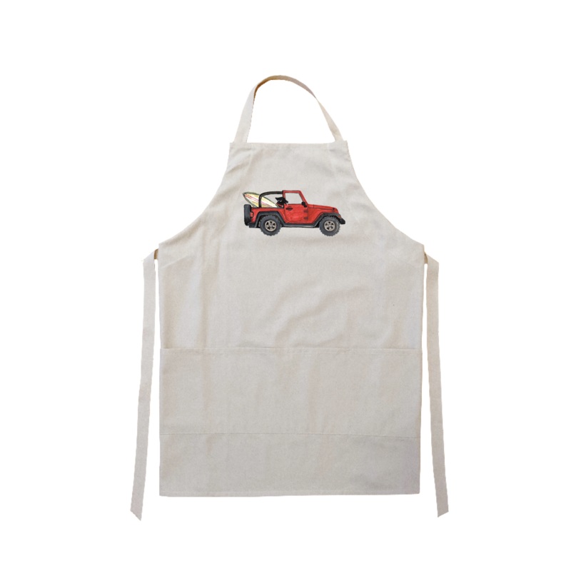 lab in red jeep + board apron