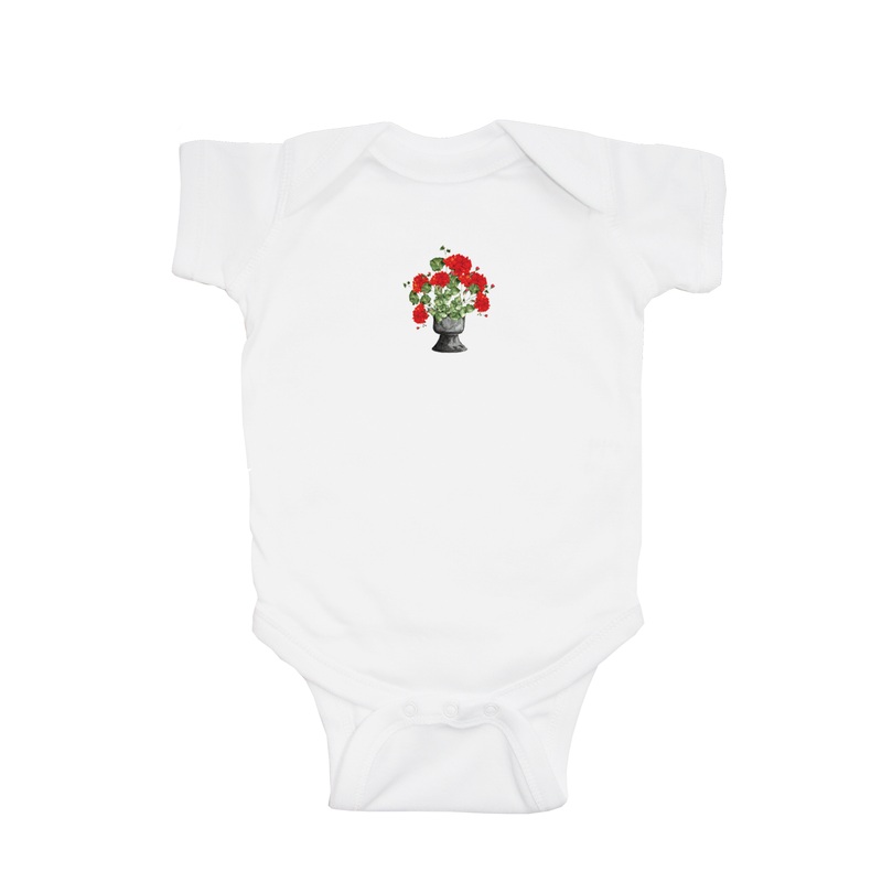 red geraniums in black pot baby snap up short sleeve