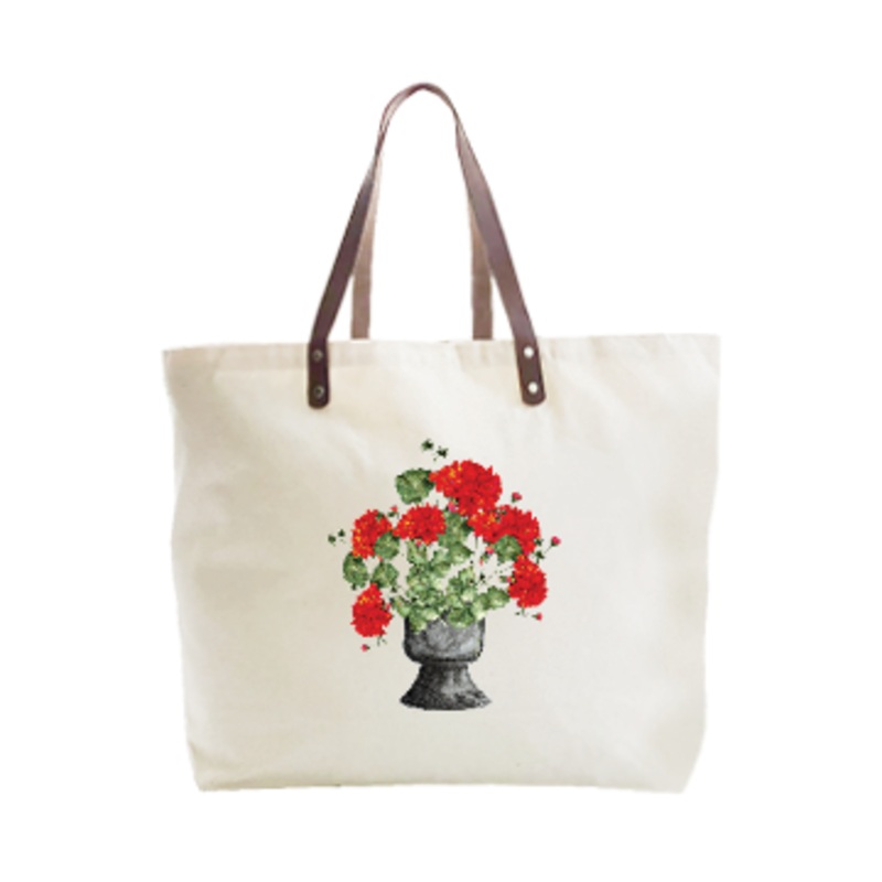 red geraniums in black pot large tote