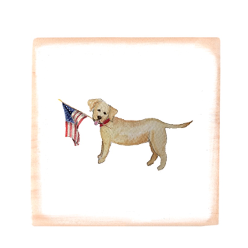yellow lab with flag square wood block
