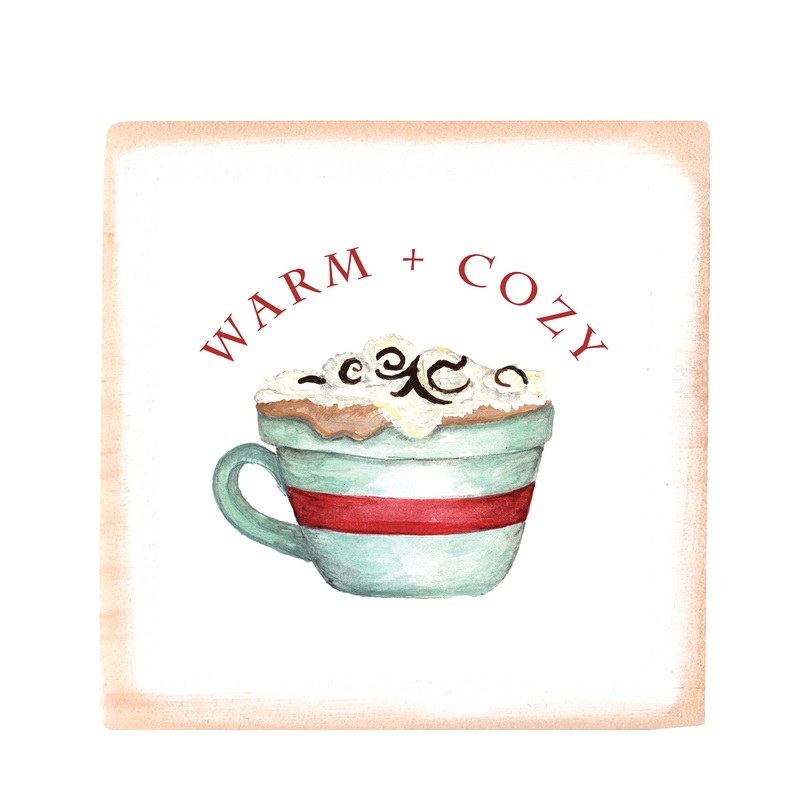 warm and cozy cocoa cup wood block