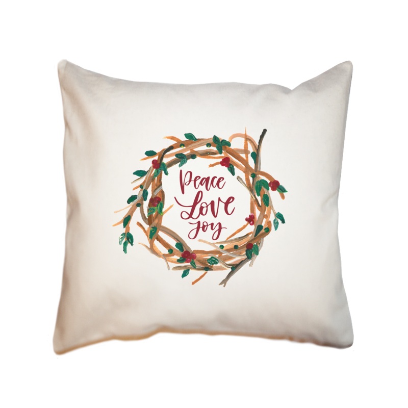 winter stick wreath peace love joy square pillow