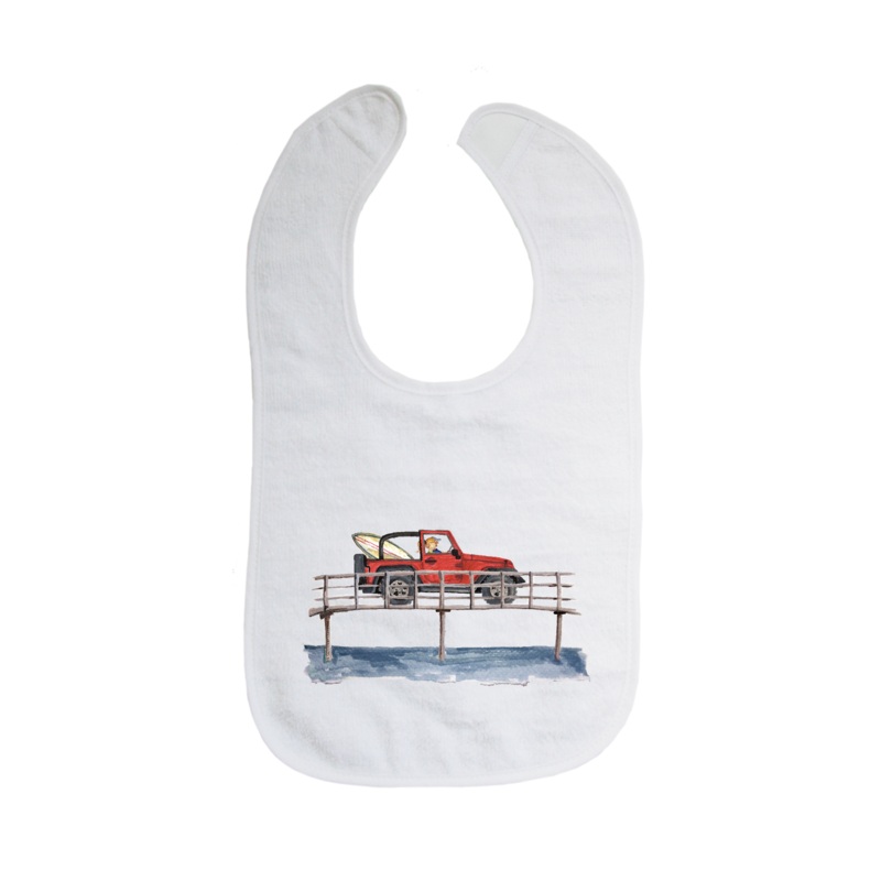 red jeep on bridge bib