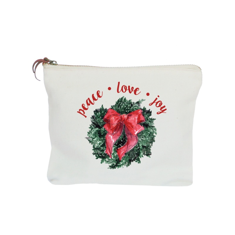 wreath with bow peace love joy italics zipper pouch