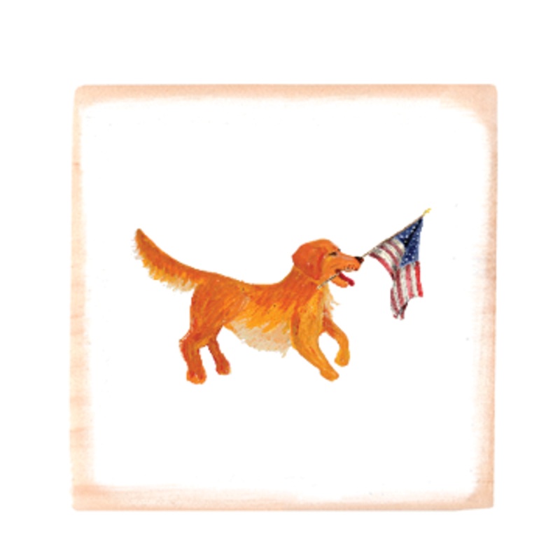 golden retriever + flag square wood block