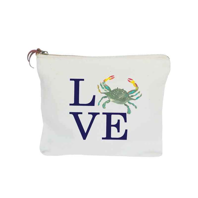 love crab with navy zipper pouch