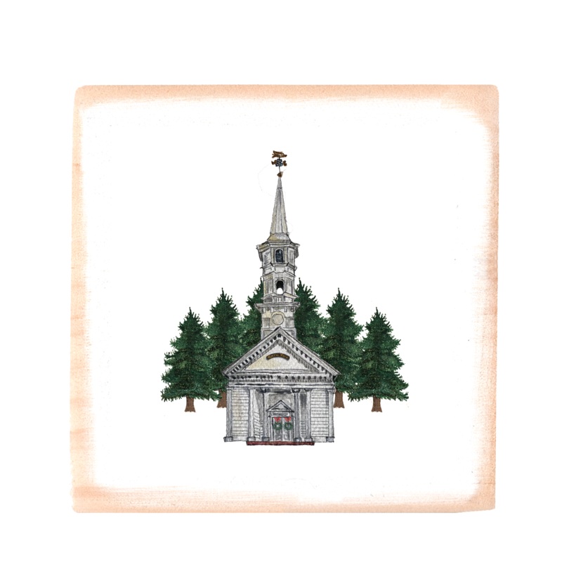 chapel with wreaths and trees square wood block