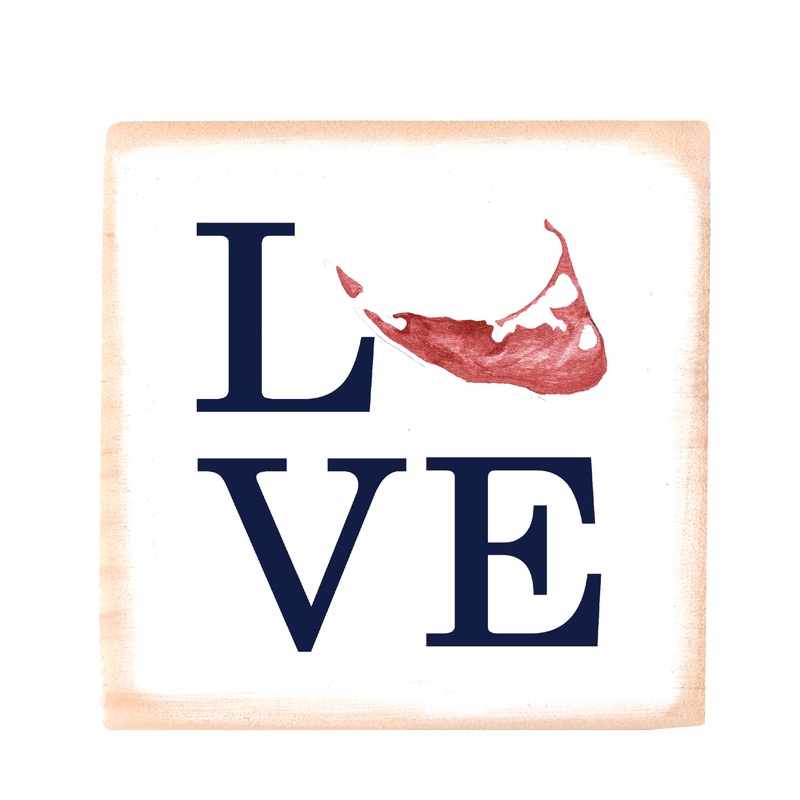love nantucket island navy text with red island square wood block