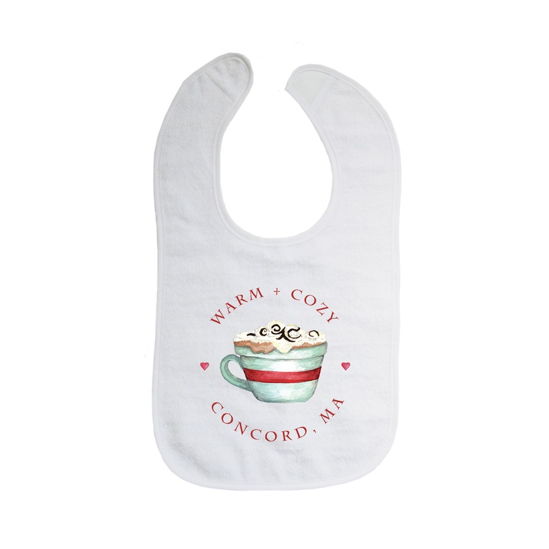 warm and cozy cocoa cup with town bib