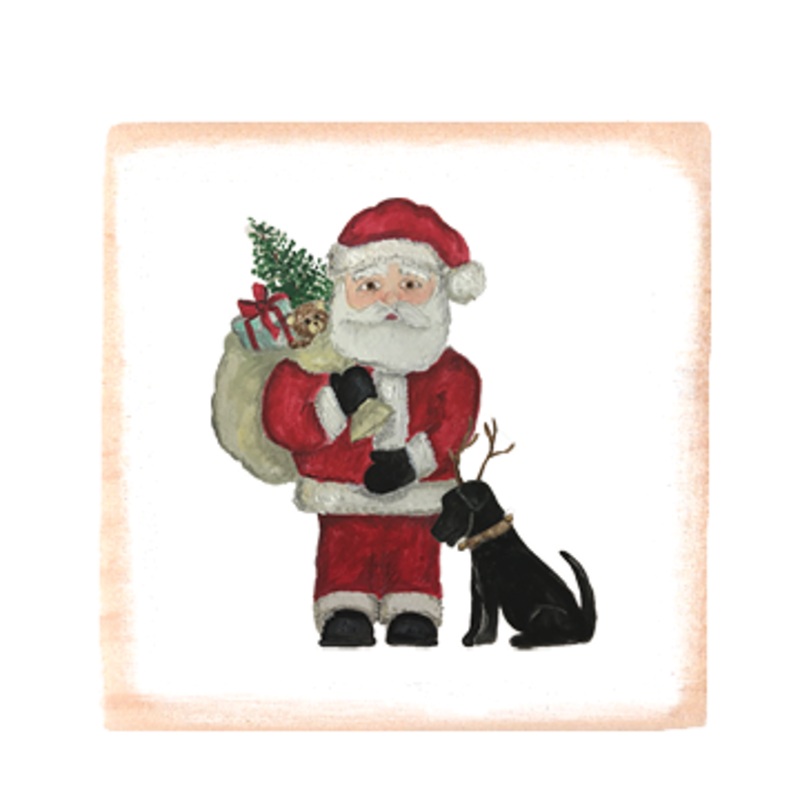 santa + sack + lab square wood block