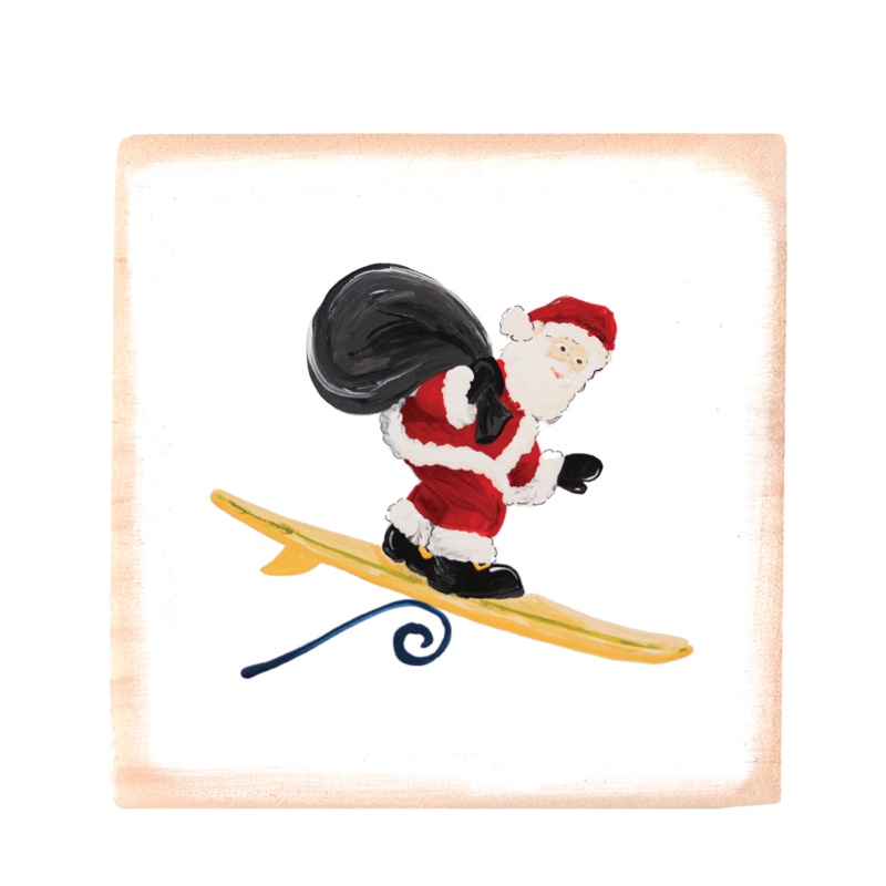 surfing santa square wood block