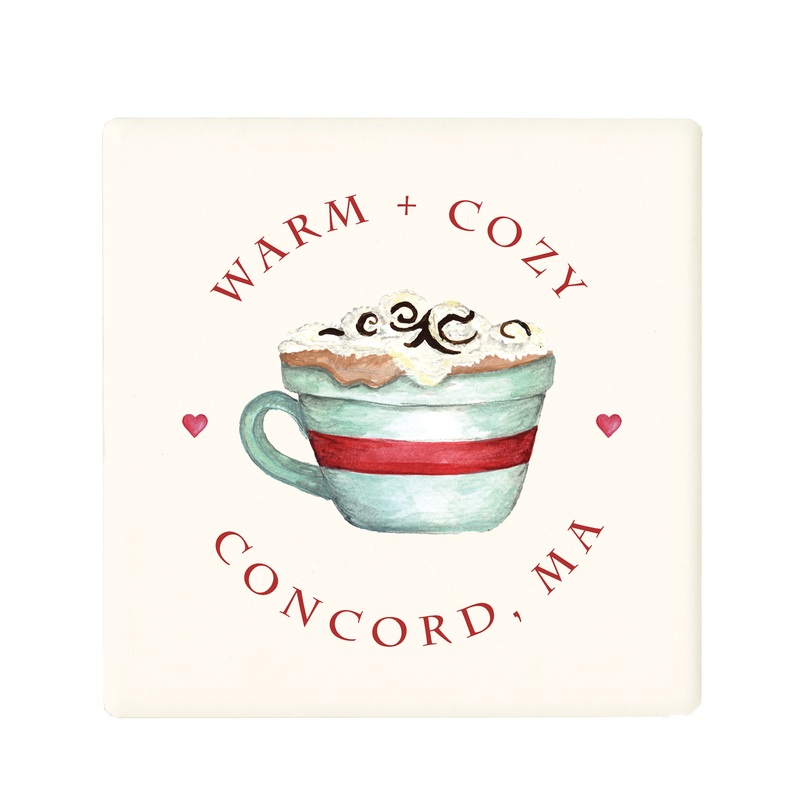 warm and cozy cocoa cup with town coaster