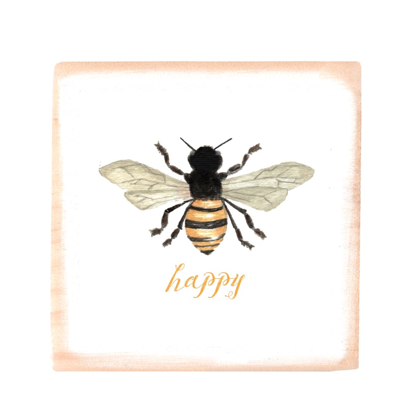 bee happy square wood block