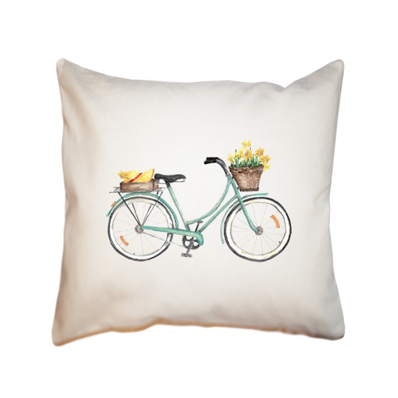 seafoam bike with daffodils and straw hat square pillow