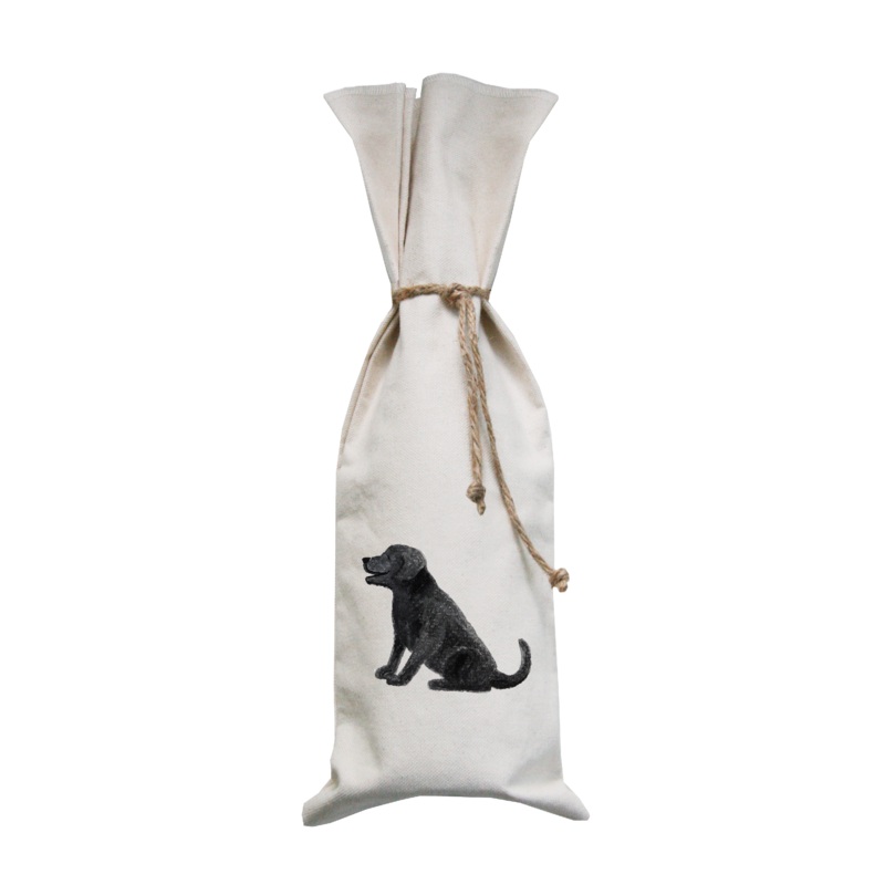 black dog sitting wine bag
