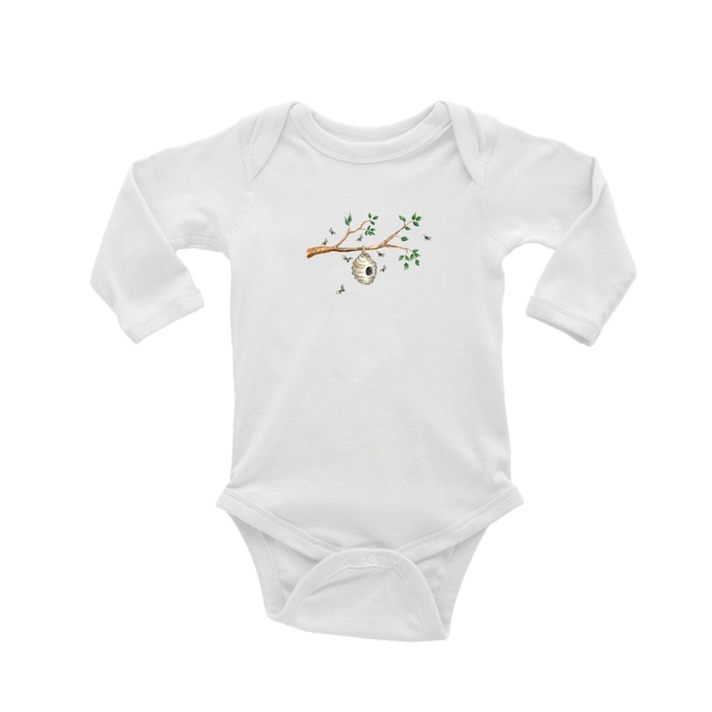 hive on branch with bees baby snap up long sleeve