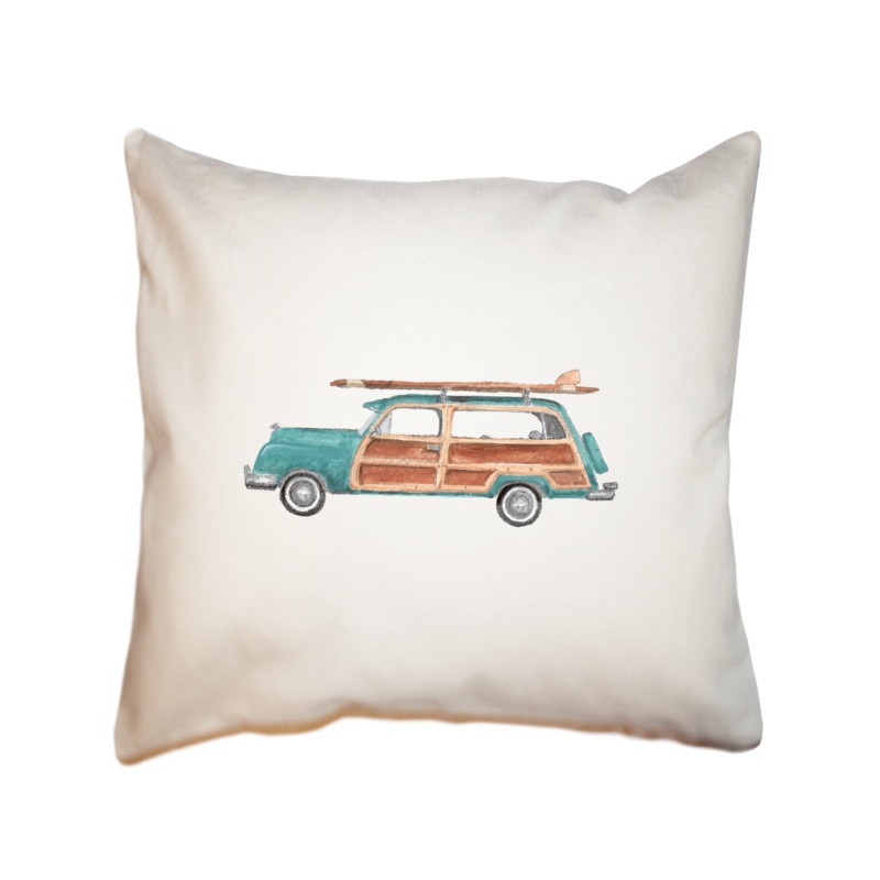 seafoam woody with surfboard square pillow