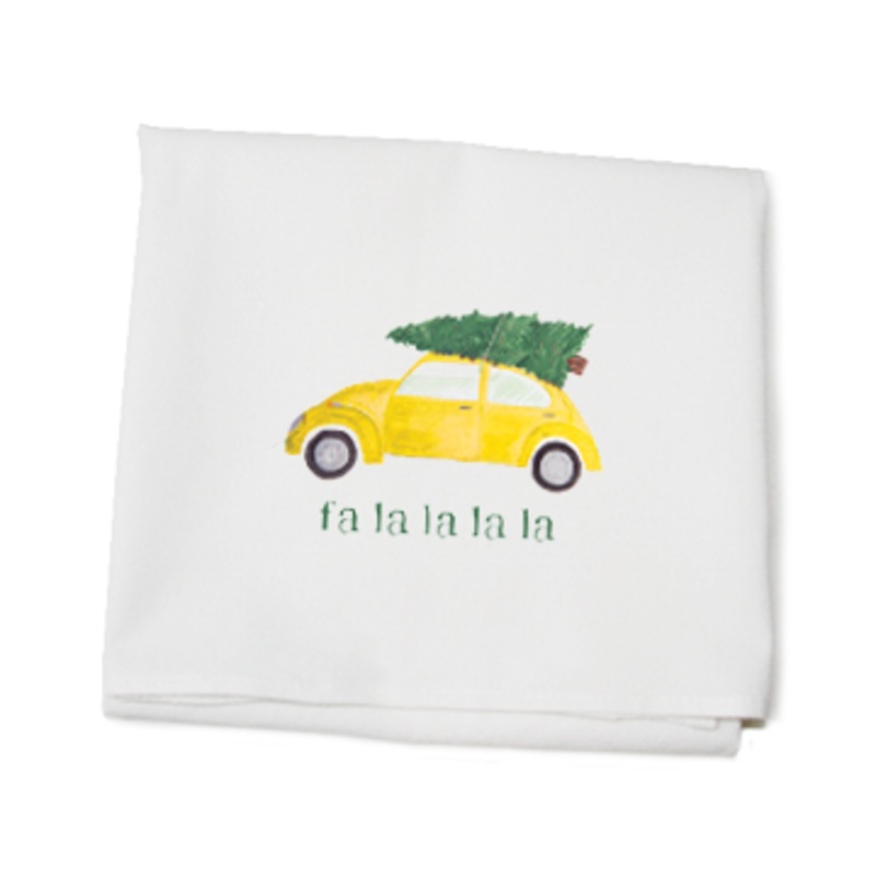 yellow vw + tree fa la la la flour sack towel
