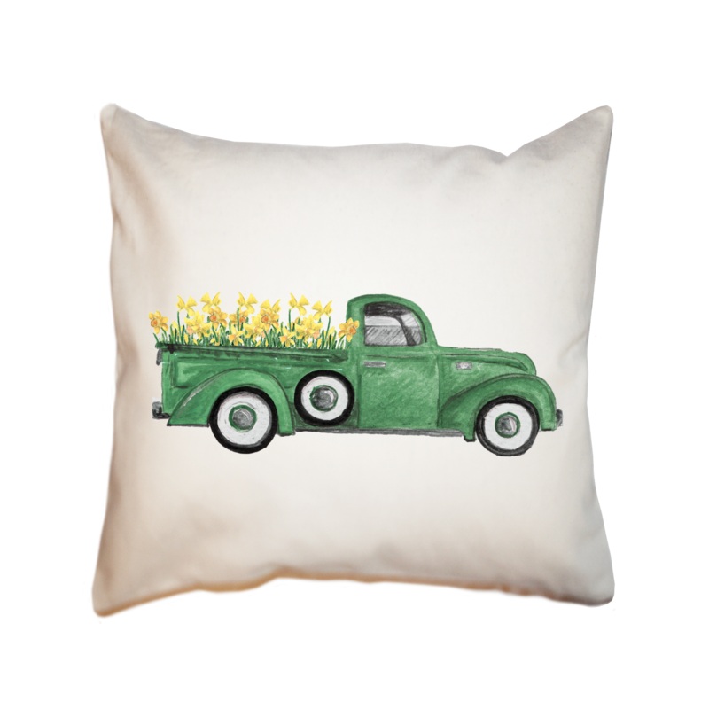 green truck with daffodils square pillow