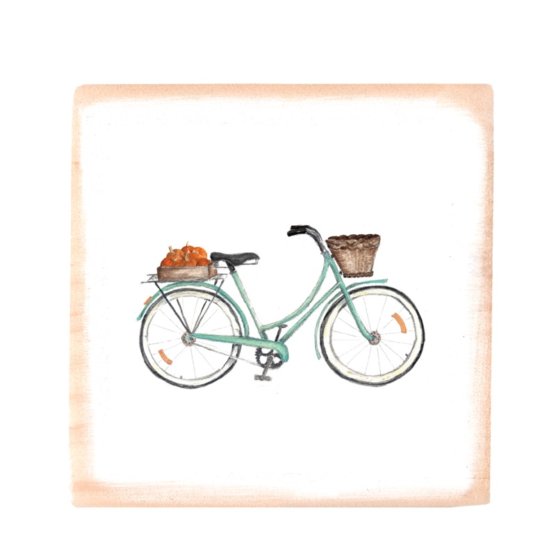 bike + pumpkins square wood block