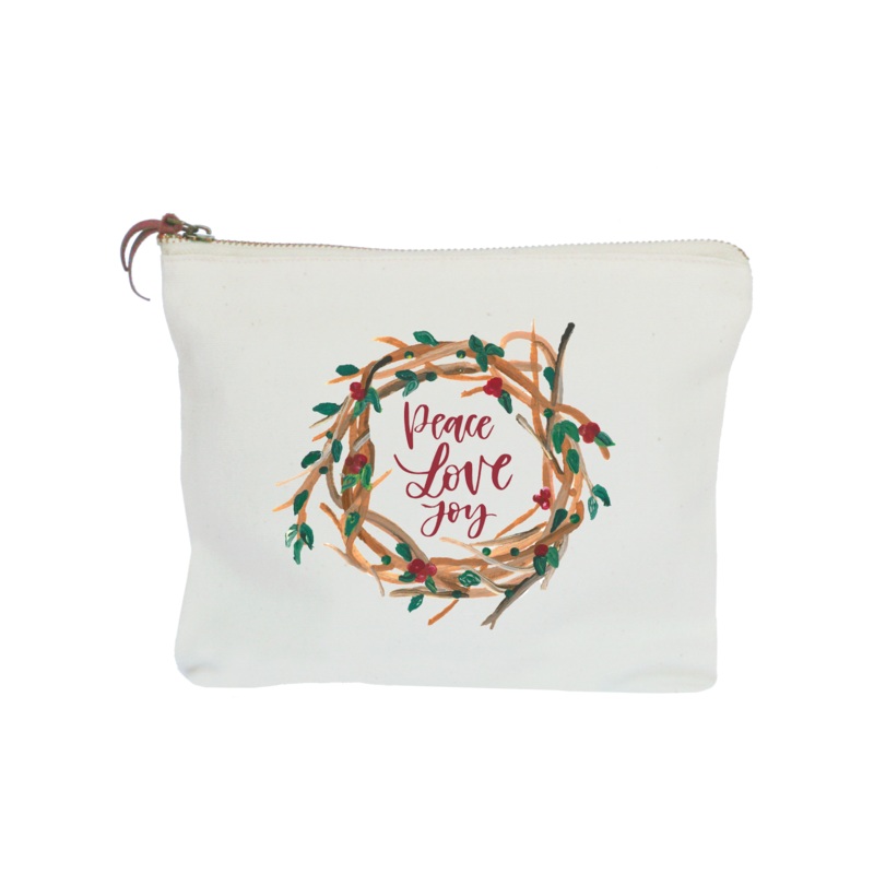 winter stick wreath peace love joy zipper pouch