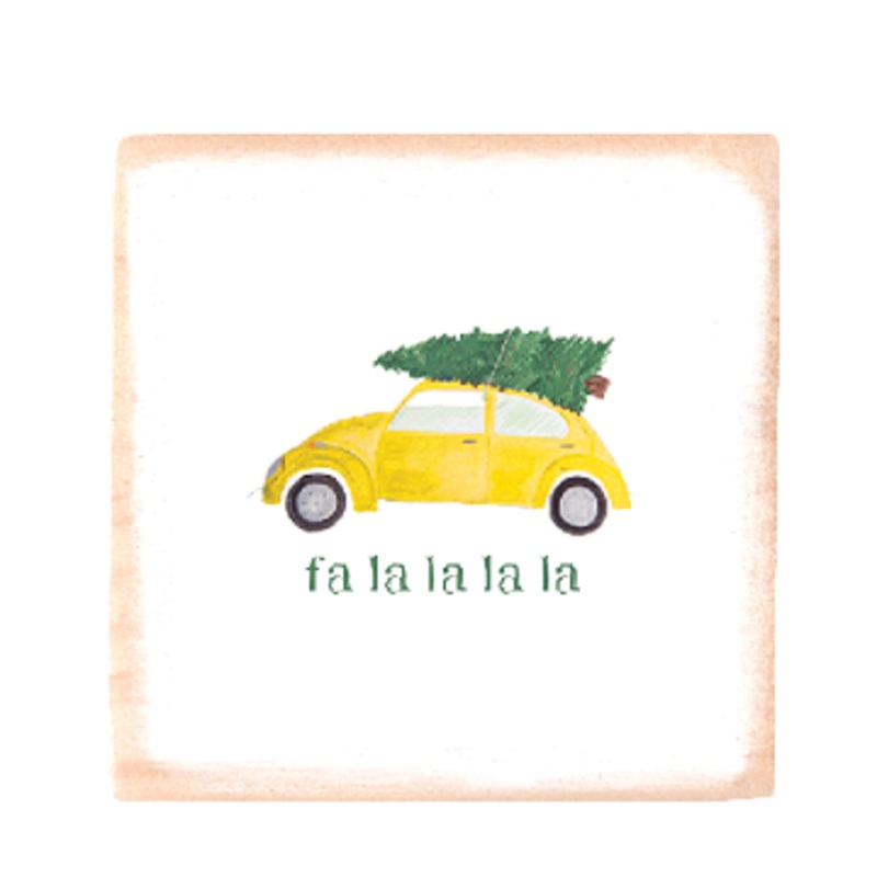 yellow vw + tree fa la la la square wood block