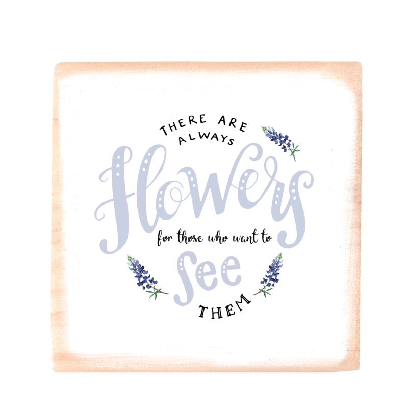 flowers see blue square wood block