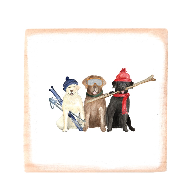 three labs skiing square wood block
