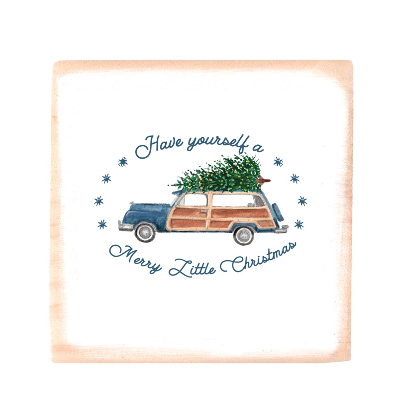 navy woody merry christmas square wood block