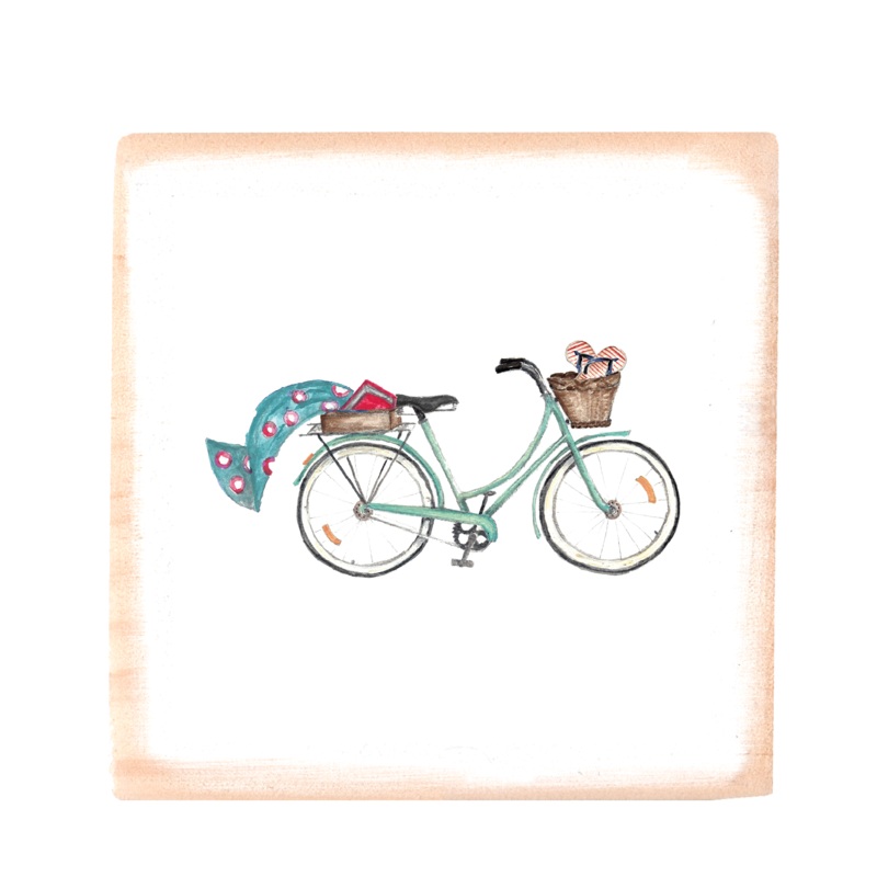 seafoam beach bike + turquoise towel square wood block