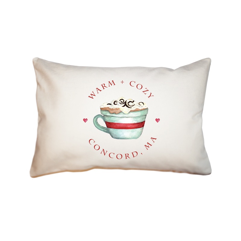 warm and cozy cocoa cup with town rectangle pillow