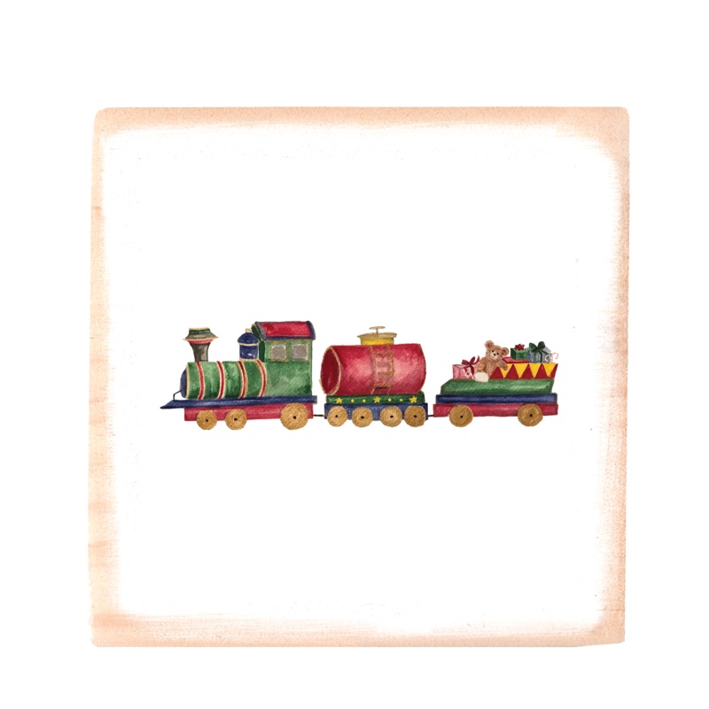 christmas train square wood block