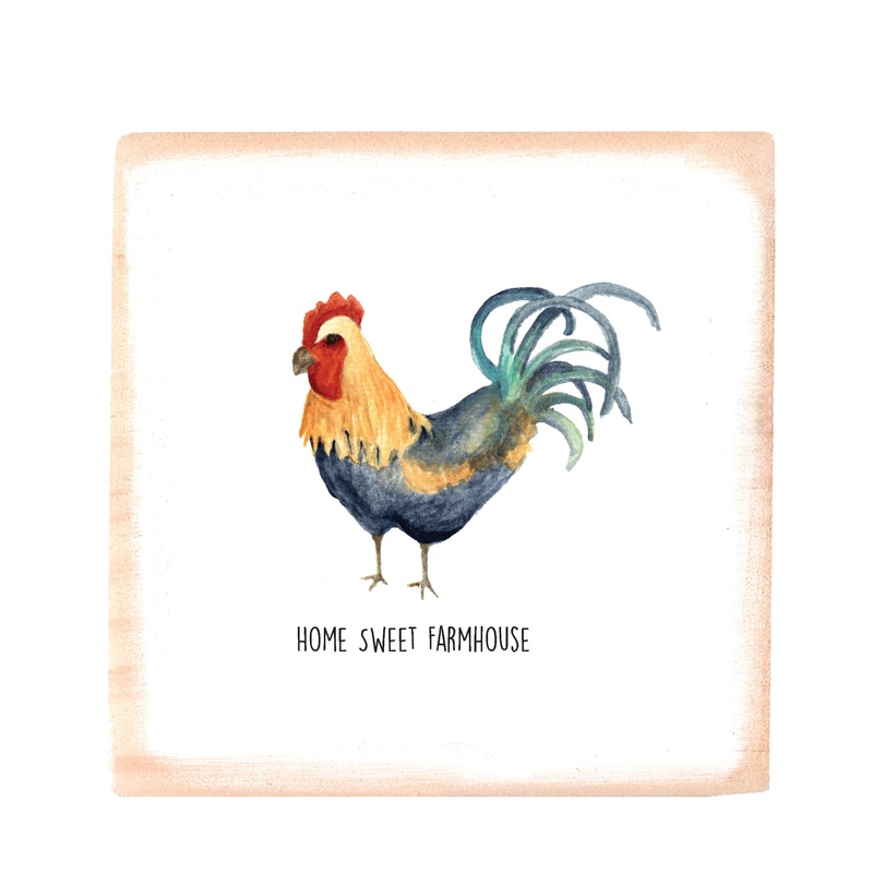 rooster farmhouse square wood block