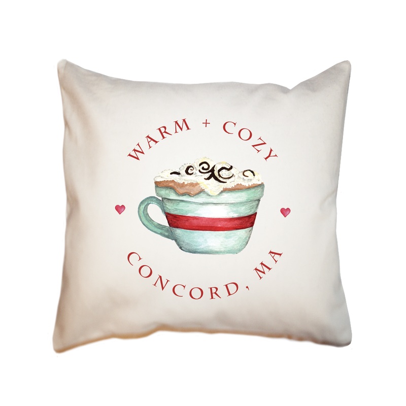 warm and cozy cocoa cup with town square pillow
