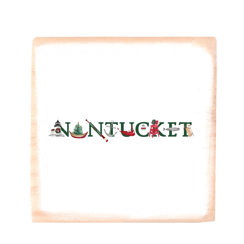 nantucket holiday with green text wood block