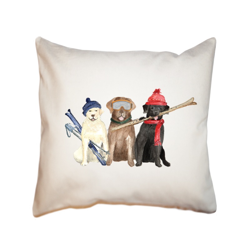 three labs skiing square pillow