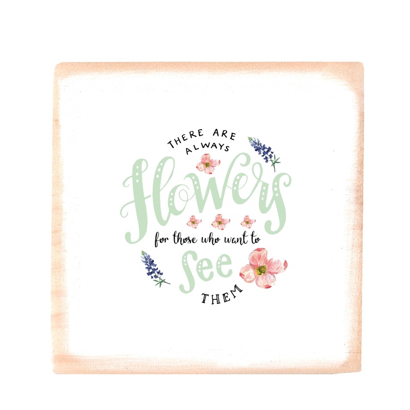 flowers see green square wood block
