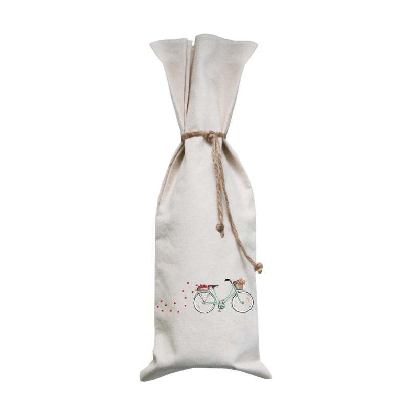 seafoam bike with hearts + roses wine bag