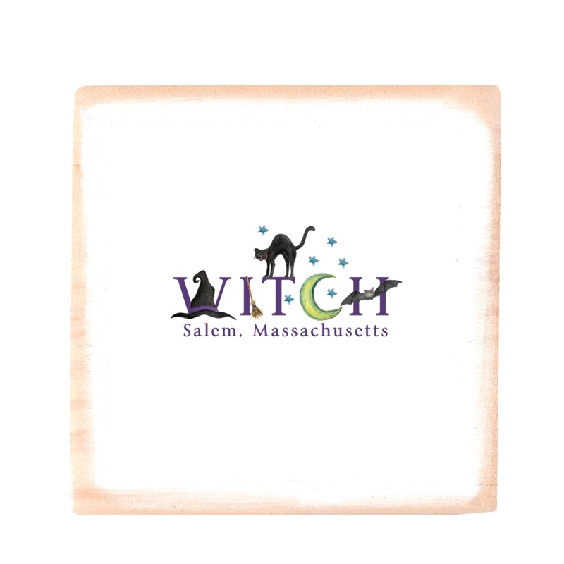 witch salem with black cat square wood block
