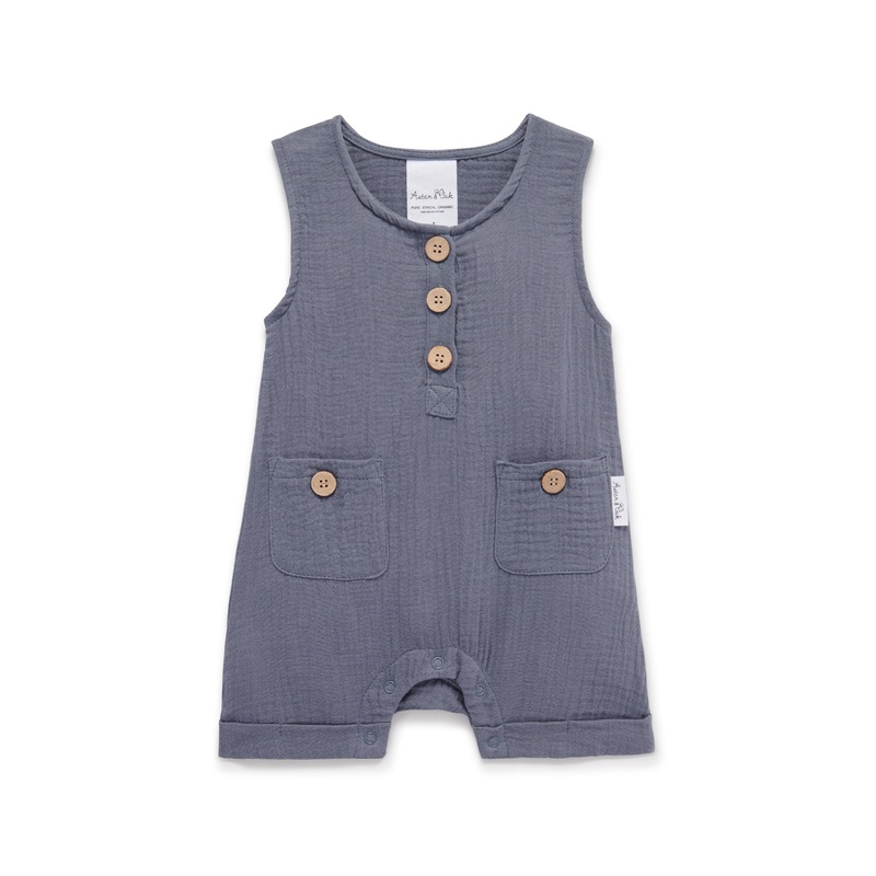 Aster and Oak Cotton Muslin Button Romper – Flint Blue