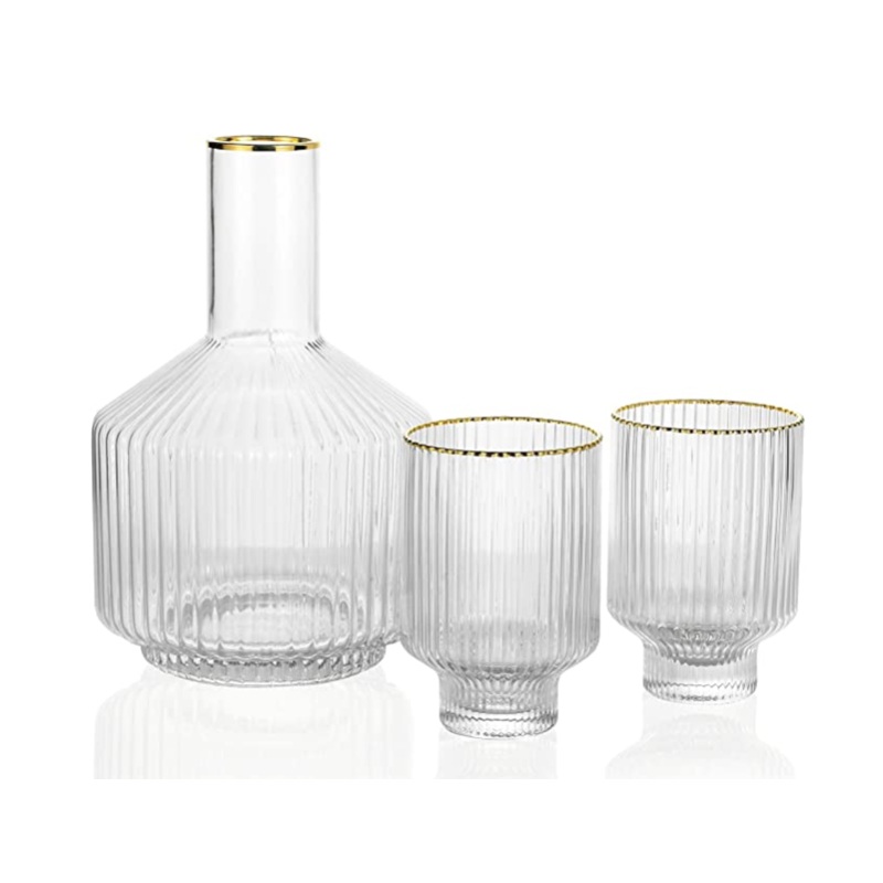 1500 C Tabletop Tiara Optic Swirl Bedside Carafe 1 Pitcher and 2 Tumblers, Jug 59 oz Tumbler 12.5 oz, Gold Rim Drinkware Set