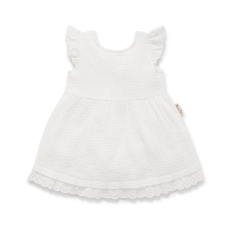 Aster and Oak Muslin Cotton Flutter Dress – White