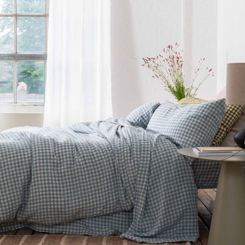 Warm Blue Gingham Linen Bedtime Bundle