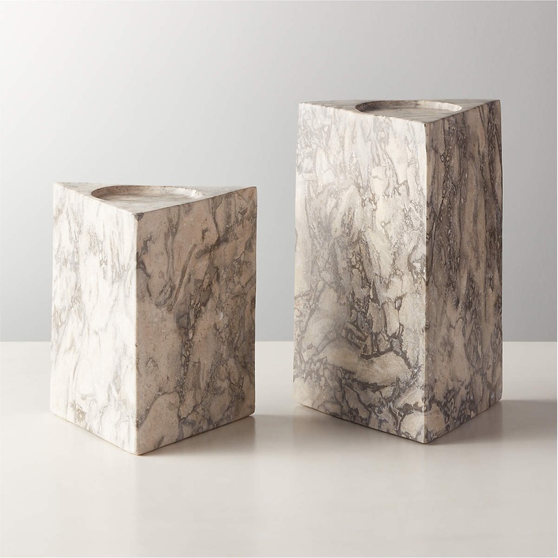 Trig Grey Marble Pillar Triangle Candle Holders, Small