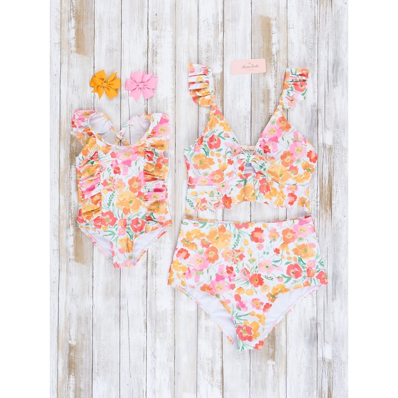 Mom & Me Yellow & Orange Watercolor Blooms Ruffle Swimsuit