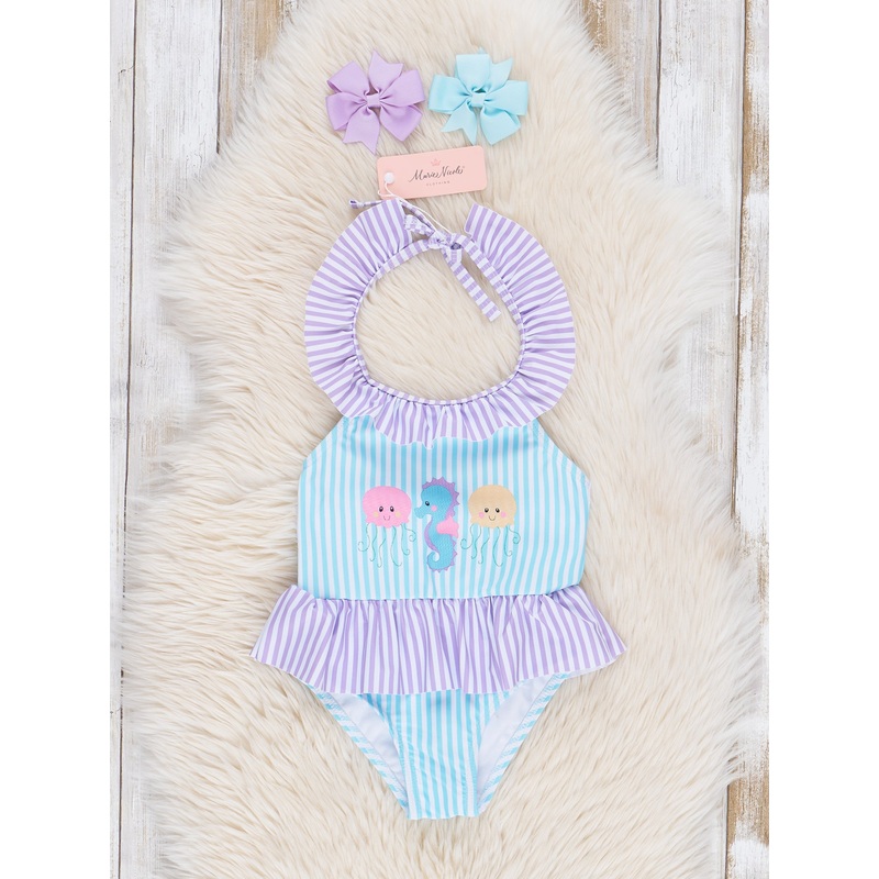Striped Sea Horse Ruffle Swimsuit