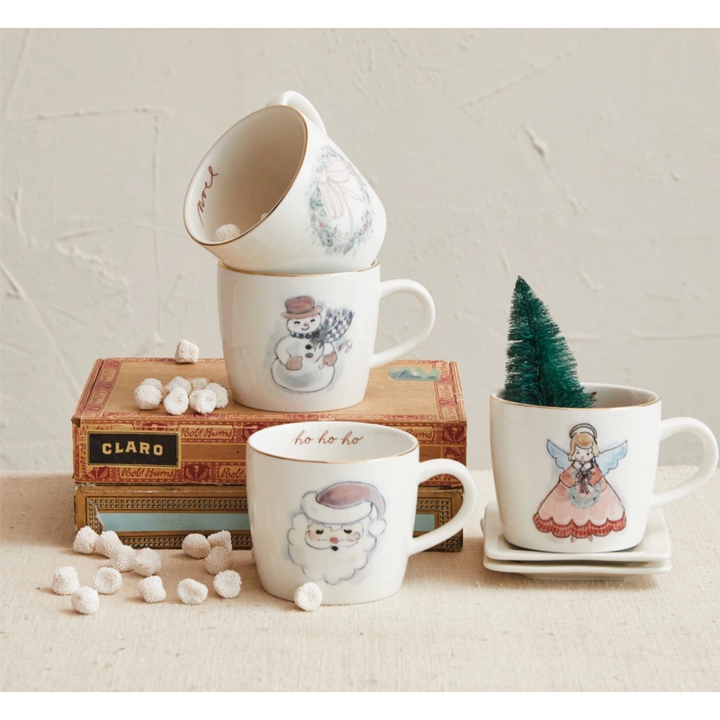 12 oz. Stoneware Mug w/ Holiday Image, Saying & Gold Electroplating, 4 Styles